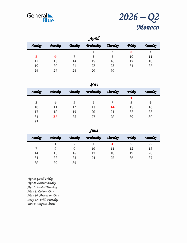 April, May, and June Calendar for Monaco with Sunday Start