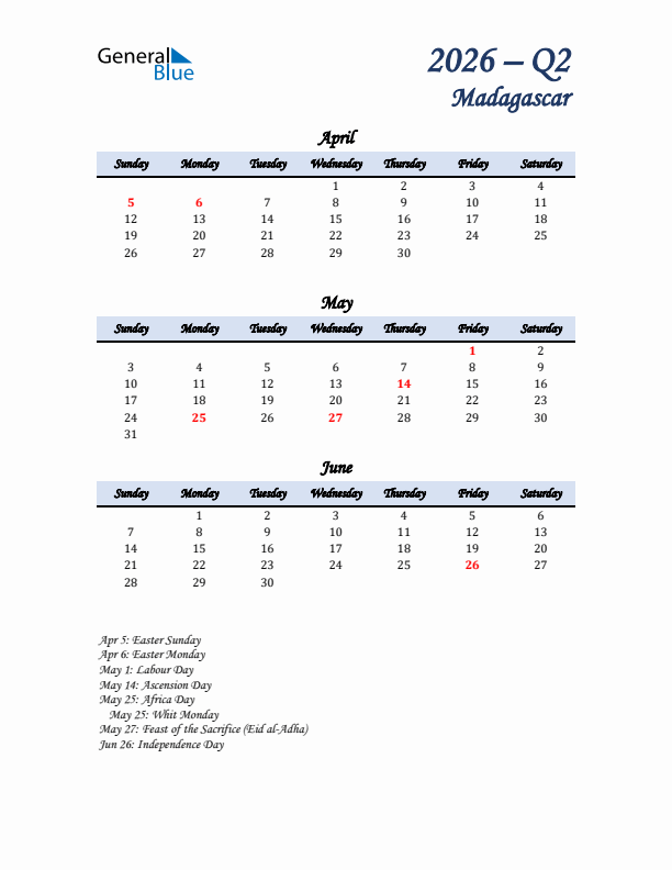 April, May, and June Calendar for Madagascar with Sunday Start