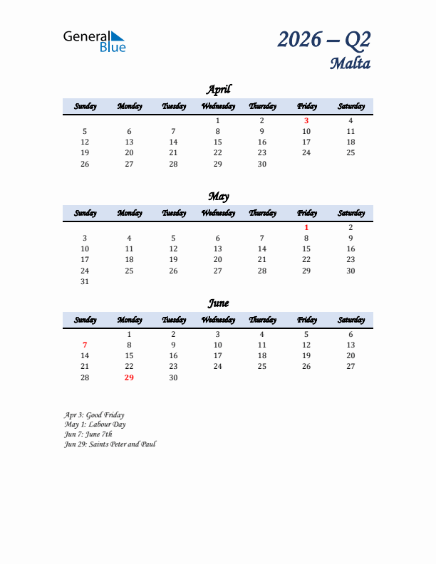 April, May, and June Calendar for Malta with Sunday Start