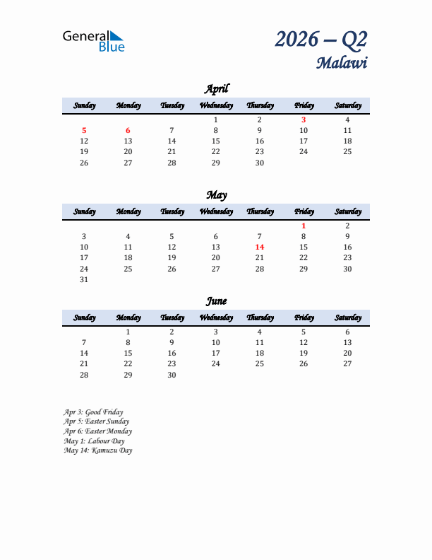 April, May, and June Calendar for Malawi with Sunday Start