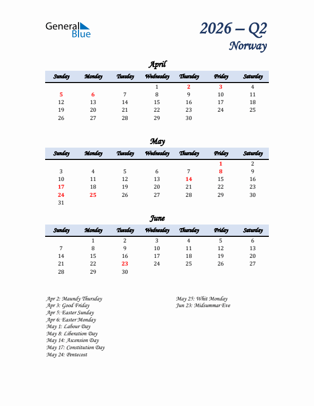 April, May, and June Calendar for Norway with Sunday Start