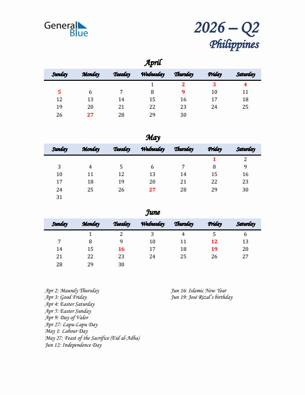 April, May, and June Calendar for Philippines with Sunday Start