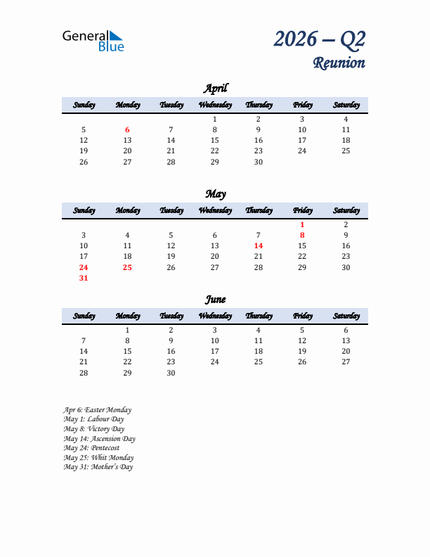 April, May, and June Calendar for Reunion with Sunday Start