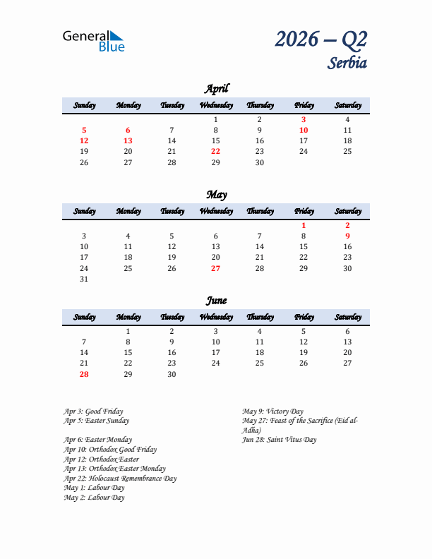 April, May, and June Calendar for Serbia with Sunday Start