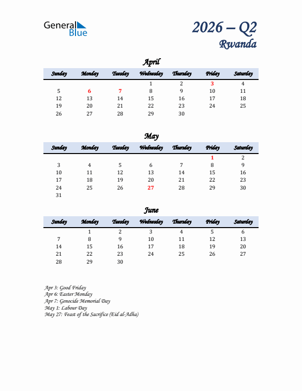 April, May, and June Calendar for Rwanda with Sunday Start