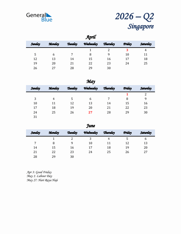 April, May, and June Calendar for Singapore with Sunday Start