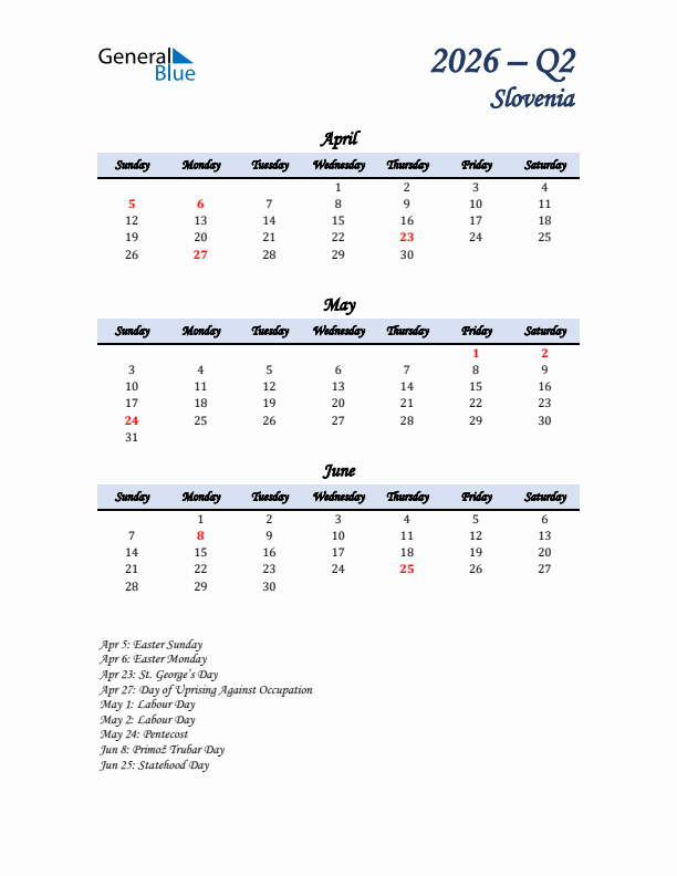 April, May, and June Calendar for Slovenia with Sunday Start