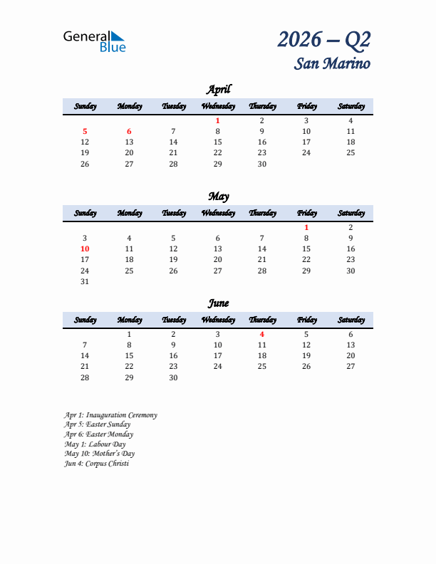 April, May, and June Calendar for San Marino with Sunday Start