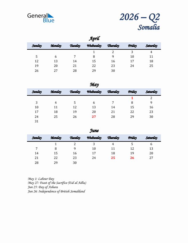 April, May, and June Calendar for Somalia with Sunday Start