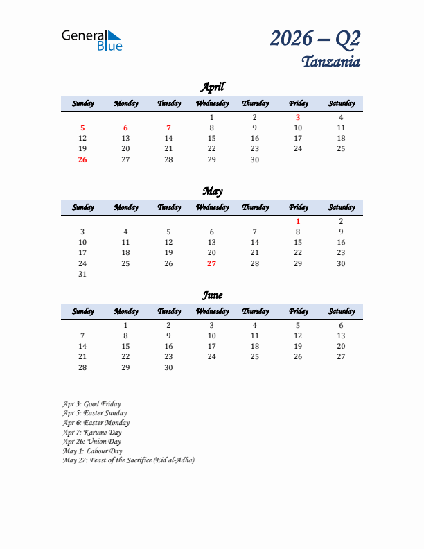 April, May, and June Calendar for Tanzania with Sunday Start