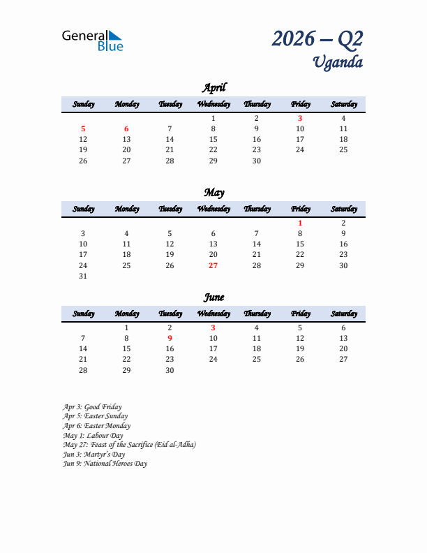 April, May, and June Calendar for Uganda with Sunday Start