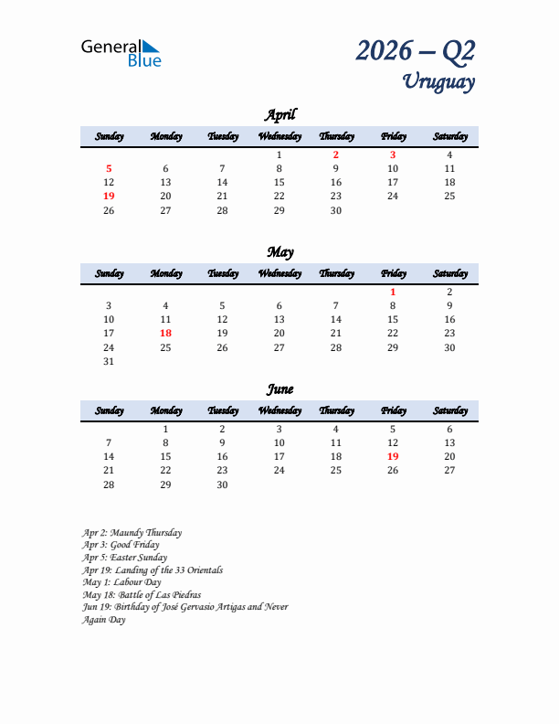 April, May, and June Calendar for Uruguay with Sunday Start