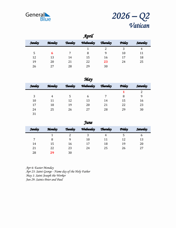 April, May, and June Calendar for Vatican with Sunday Start