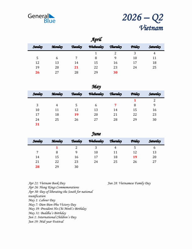 April, May, and June Calendar for Vietnam with Sunday Start