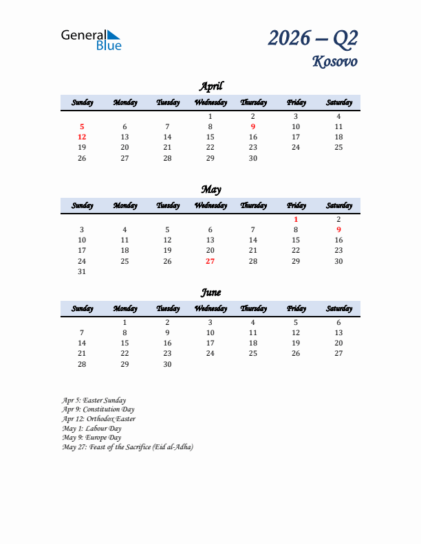 April, May, and June Calendar for Kosovo with Sunday Start