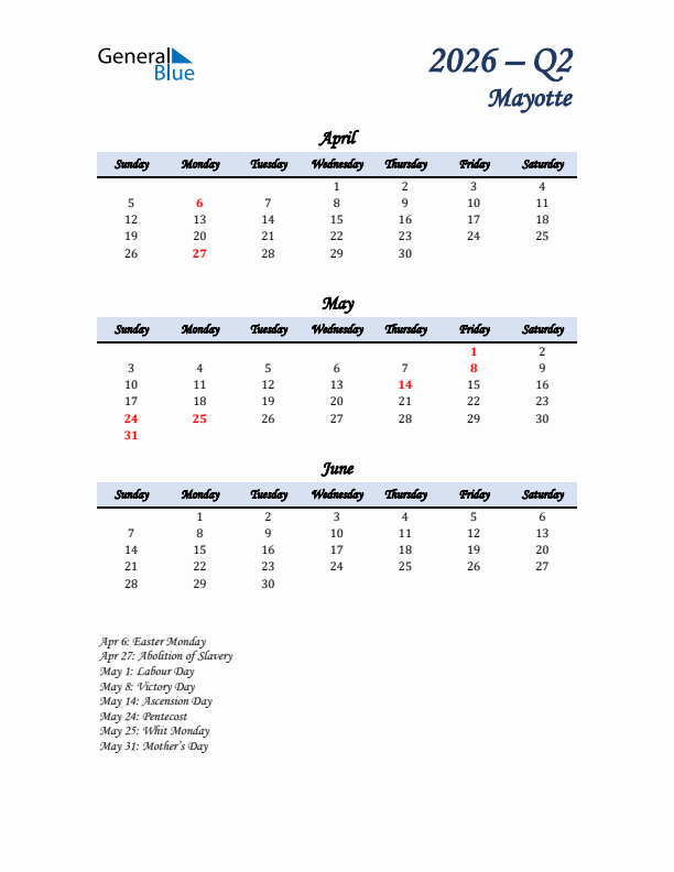 April, May, and June Calendar for Mayotte with Sunday Start