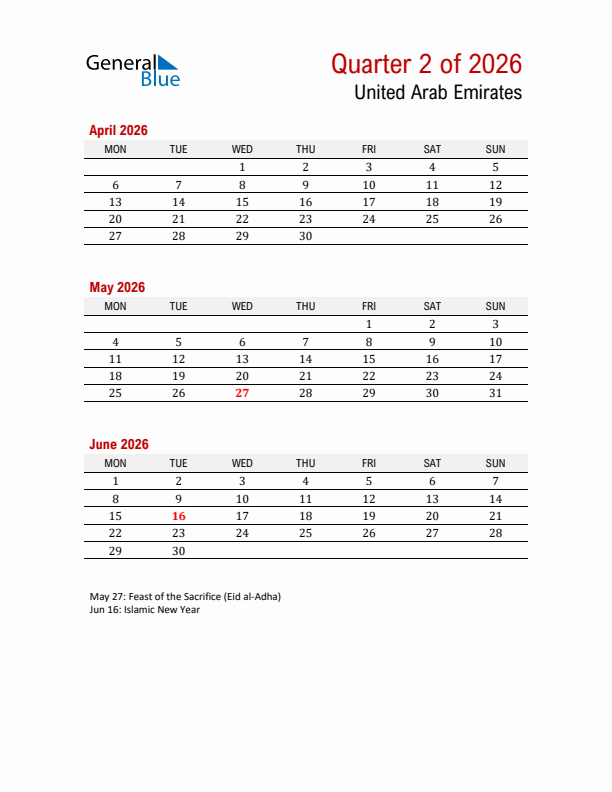 Printable Three Month Calendar with United Arab Emirates Holidays