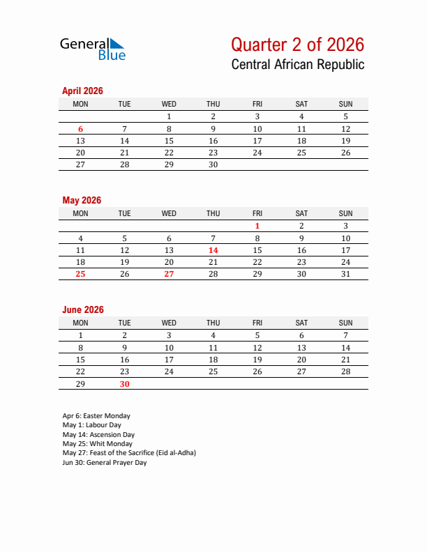 Printable Three Month Calendar with Central African Republic Holidays