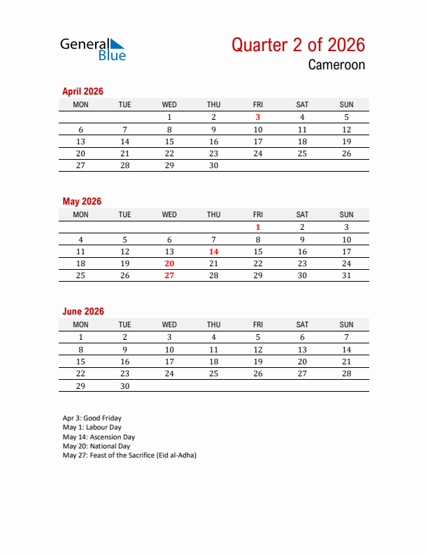 Printable Three Month Calendar with Cameroon Holidays