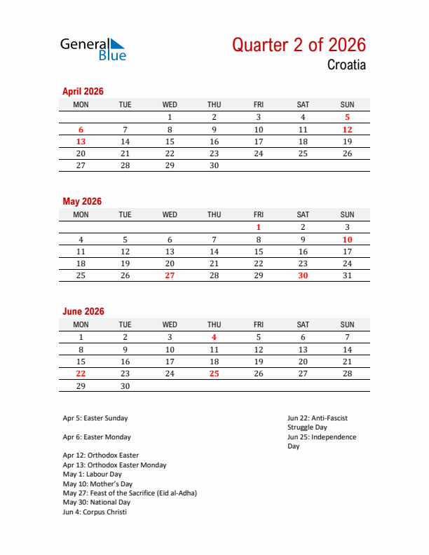 Printable Three Month Calendar with Croatia Holidays