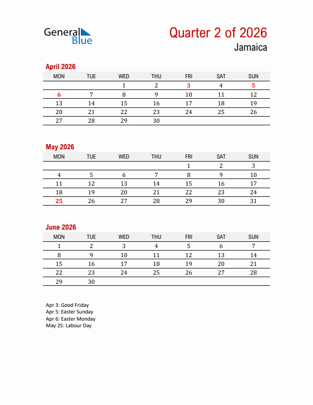 Printable Three Month Calendar with Jamaica Holidays