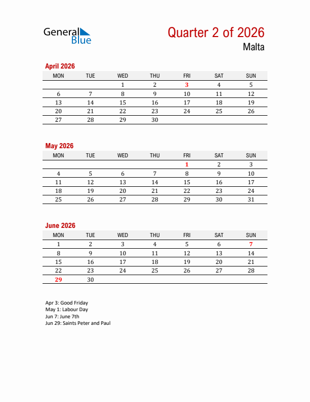 Printable Three Month Calendar with Malta Holidays