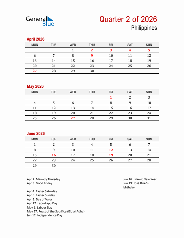 Printable Three Month Calendar with Philippines Holidays