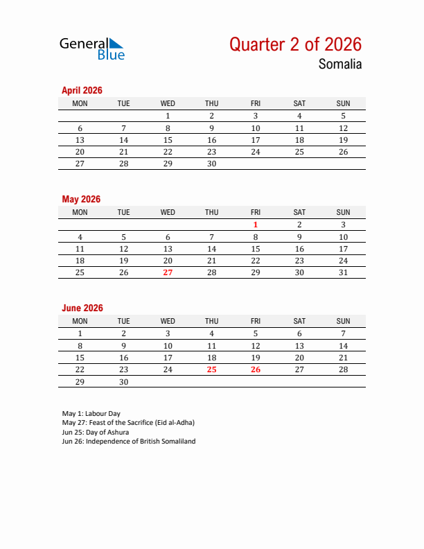 Printable Three Month Calendar with Somalia Holidays