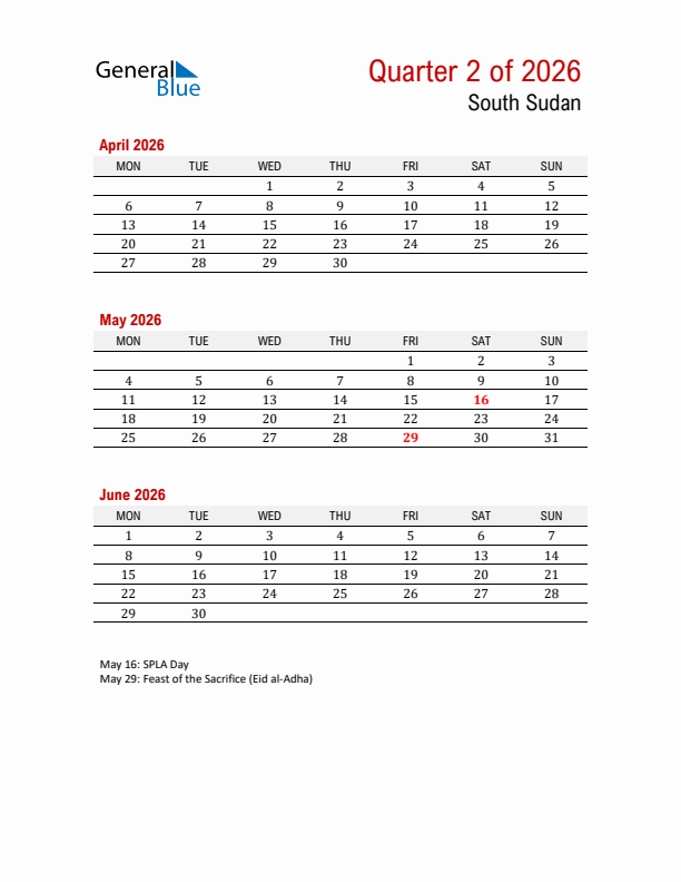 Printable Three Month Calendar with South Sudan Holidays