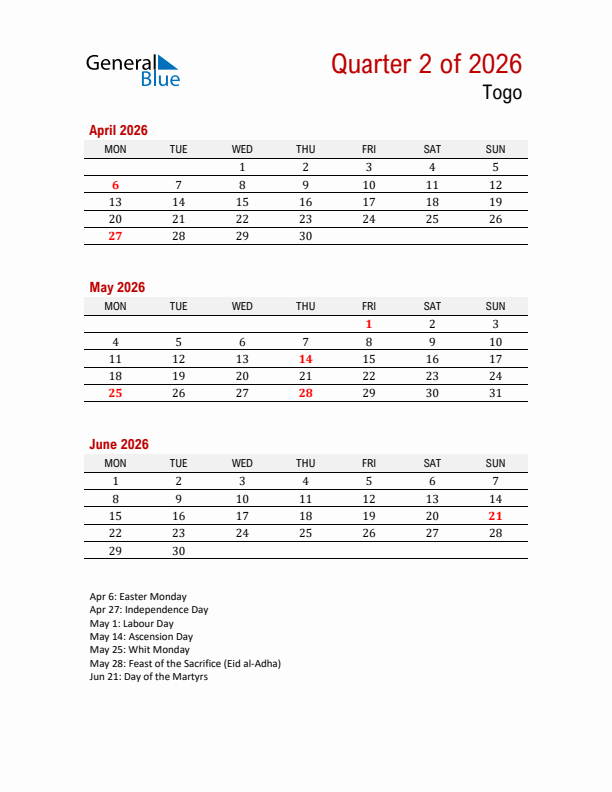 Printable Three Month Calendar with Togo Holidays