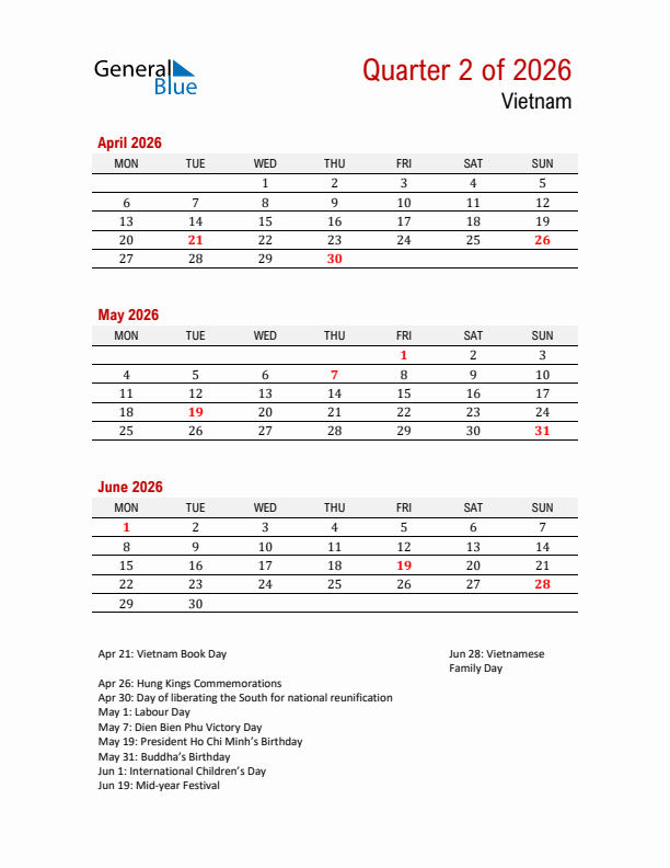 Printable Three Month Calendar with Vietnam Holidays