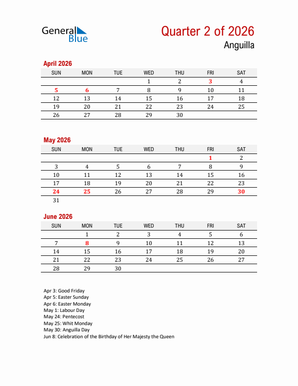 Printable Three Month Calendar with Anguilla Holidays