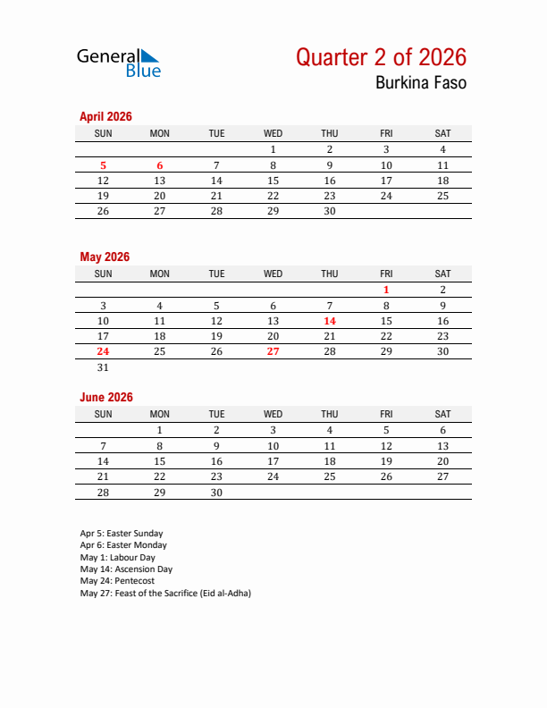 Printable Three Month Calendar with Burkina Faso Holidays