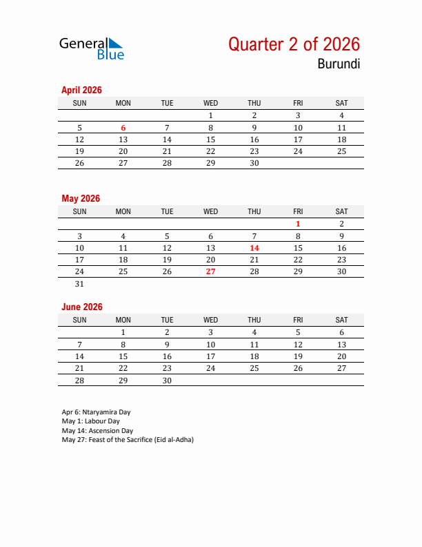 Printable Three Month Calendar with Burundi Holidays