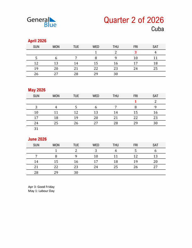 Printable Three Month Calendar with Cuba Holidays