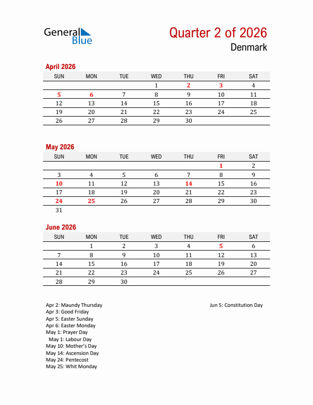 Printable Three Month Calendar with Denmark Holidays