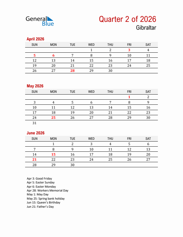 Printable Three Month Calendar with Gibraltar Holidays