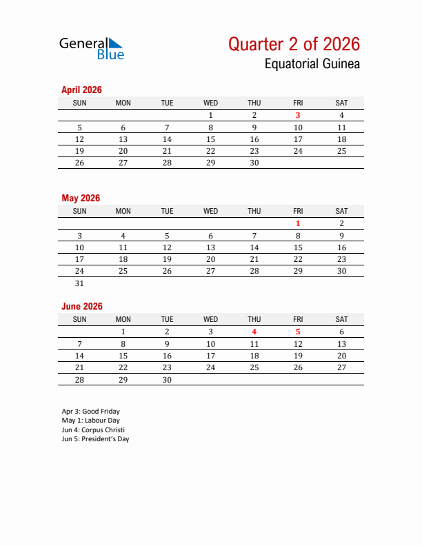 Printable Three Month Calendar with Equatorial Guinea Holidays