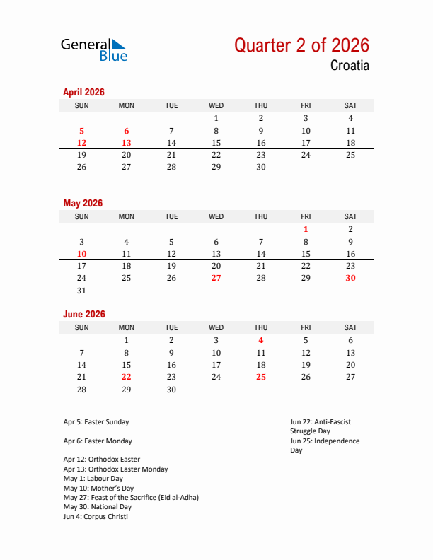 Printable Three Month Calendar with Croatia Holidays