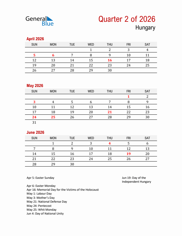 Printable Three Month Calendar with Hungary Holidays