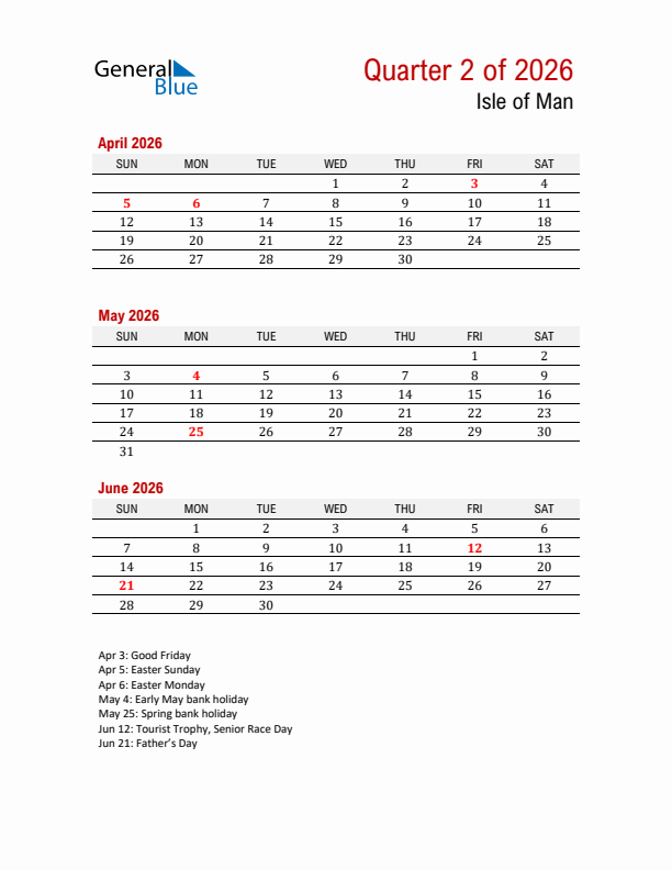 Printable Three Month Calendar with Isle of Man Holidays