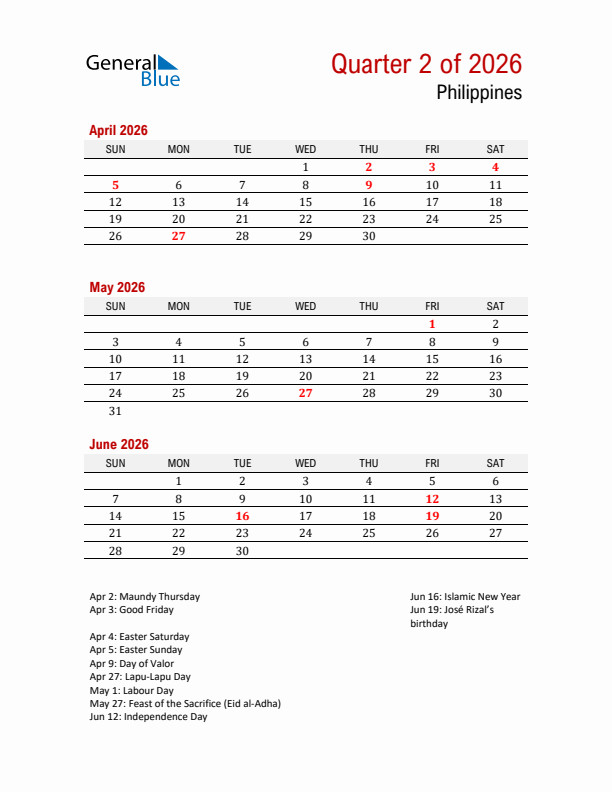 Printable Three Month Calendar with Philippines Holidays