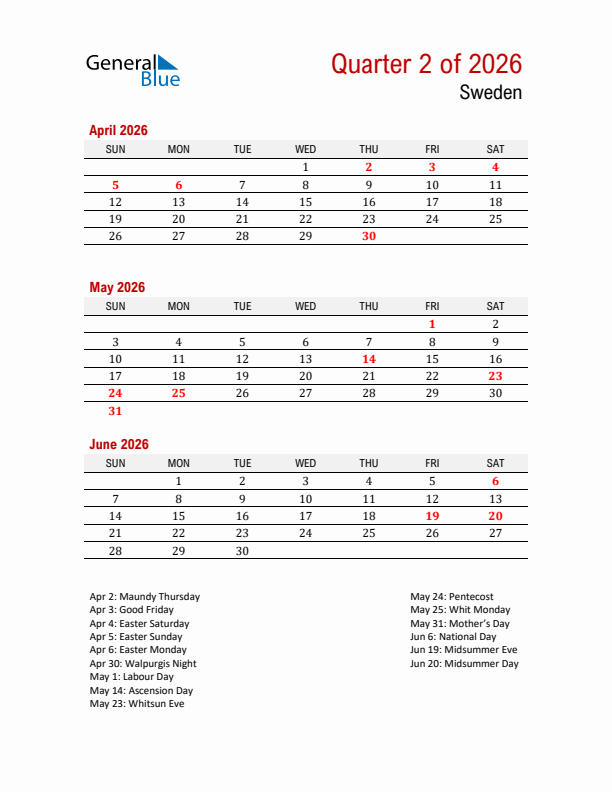 Printable Three Month Calendar with Sweden Holidays