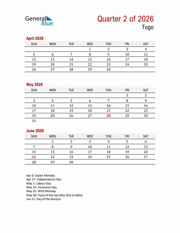 Printable Three Month Calendar with Togo Holidays