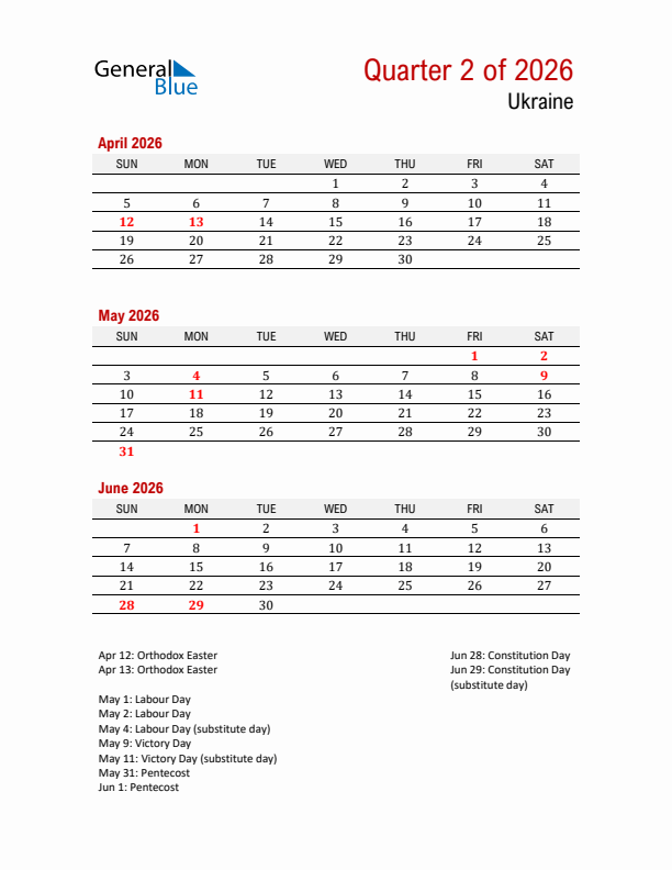 Printable Three Month Calendar with Ukraine Holidays