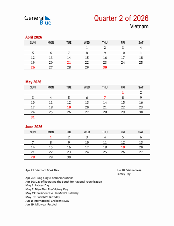 Printable Three Month Calendar with Vietnam Holidays