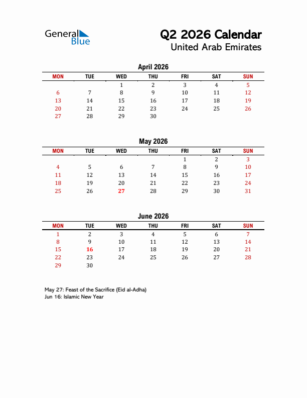 2026 Q2 Calendar with Holidays List for United Arab Emirates