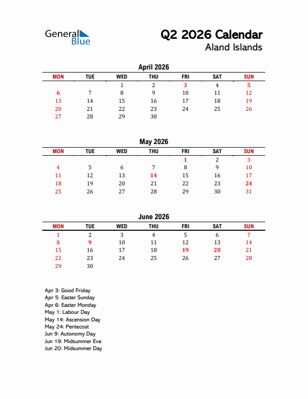 2026 Q2 Calendar with Holidays List for Aland Islands