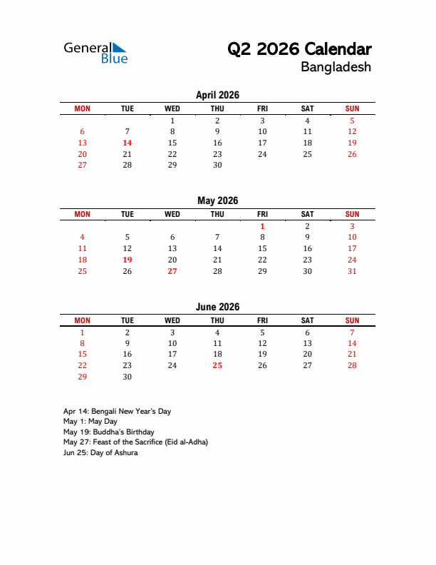 2026 Q2 Calendar with Holidays List for Bangladesh