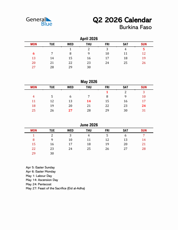 2026 Q2 Calendar with Holidays List for Burkina Faso